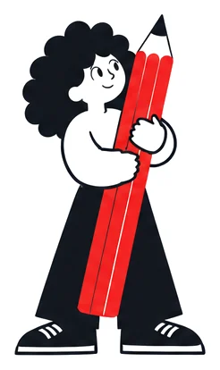 Lino, a curly-haired character holding a giant red pencil.